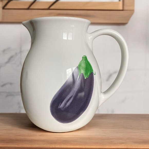 Fapor Ceramic Pitcher With Eggplant Design Made in Portugal Vase 8.5 Inches Tall - Picture 1 of 8